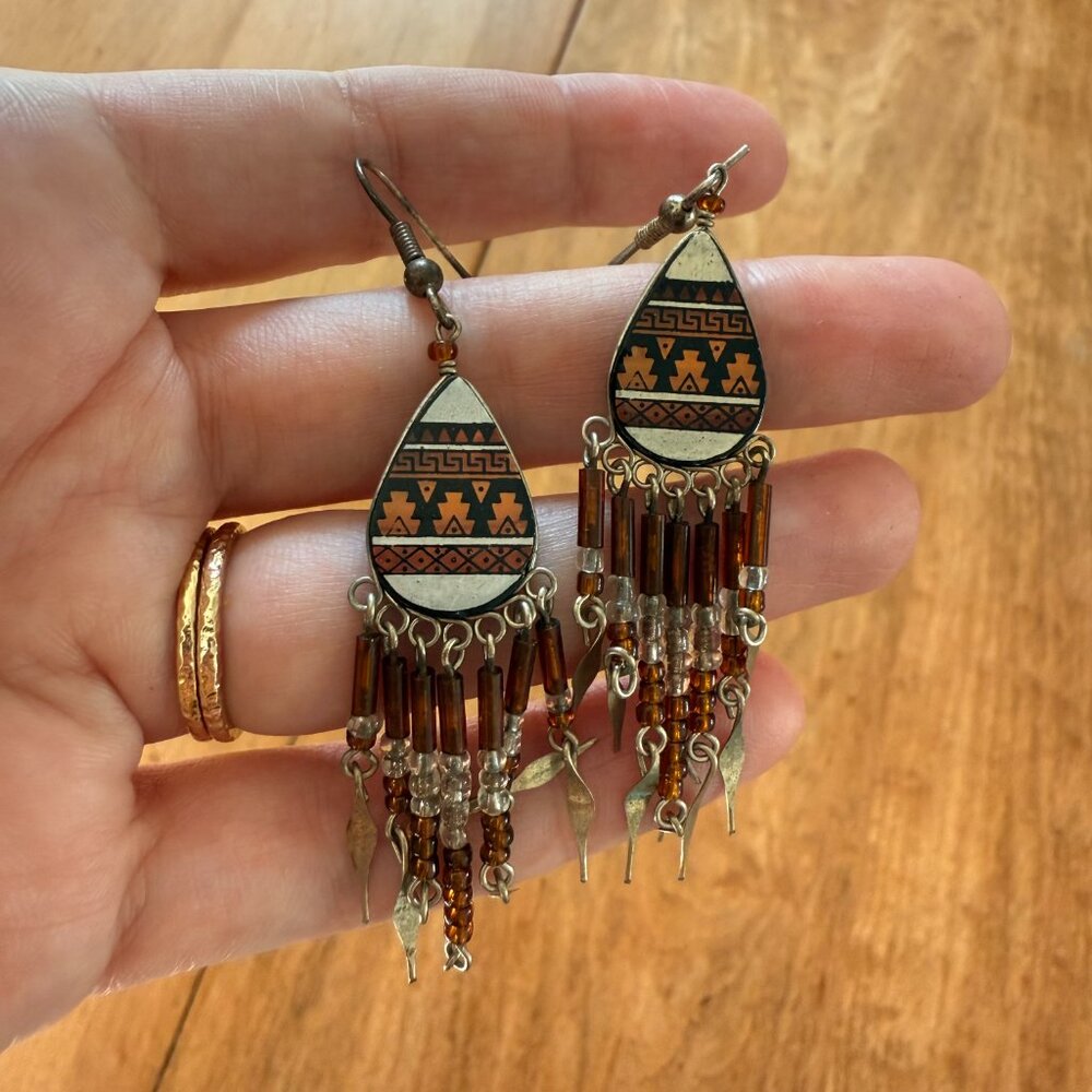 Native American Style Beaded Brown, Black, Cream, Peachy Orange Beaded Earrings